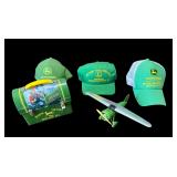 JOHN DEERE TIN LUNCH BOX, DIE-CAST JOHN DEERE AIRPLANE, 3 JOHN DEERE HATS