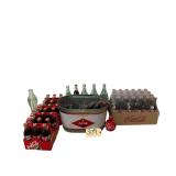 GALVANIZED COCA-COLA BUCKET W/ ASSORTMENT OF GLASS COCA-COLA BOTTLES & 4 ALUMINUM CANS