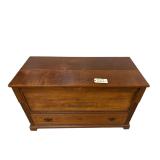 ANTIQUE RAISED WOODEN CHEST W/ PANELED BACK AND SIDES - HAND DOVETAILED DRAWER ON BOTTOM - APPROX. 29.5” TALL X 48” WIDE X 21.25” DEEP