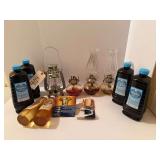 TWO LAMPLIGHT FARMS OIL LAMPS, ONE KEROSENE LANTERN, ONE OIL LAMP NO GLOBE WITH BURNER WICKS AND LAMP OIL