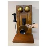 REPRODUCTION OAK WALL PHONE MADE TO LOOK ANTIQUE W/ ROTARY DIAL INSIDE