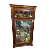 WOODEN DISPLAY CABINET W/ 2 GLASS SIDE DOORS AND 5 GLASS SHELVES APPROX. 80.5” TALL X 40.25” WIDE X 13” DEEP