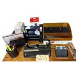 LOT OF ASSORTED OFFICE SUPPLIES AND STATIONERY: STAPLER, HOLE PUNCH, ENVELOPES, PENCIL HOLDER, DESK CADDY, PAPER SORTER, ENVELOPES, CHRISTMAS CARDS