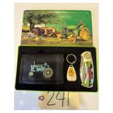 JOHN DEERE KNIFE W/ DECORATIVE HANDLE, JOHN DEERE WALLET, JOHN DEERE KEYCHAIN SET IN JOHN DEERE TIN