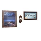 FLINT, MI “SPARKLES” FRAMED PRINT APPROX. 19” X 15” VIEWING AREA, “GANDER MOUNTAIN MICHIGAN” FRAMED PRINT APPROX. 6.25” X 16.75”, WOODEN MICHIGAN CARVED WOOD SLICE