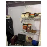 CLOSET LOT TO INCLUDE FOUR DRAWER METAL FILING CABINET BRAND HDN, ASSORTED BOOKS TO INCLUDE TOM CLANCY, GUNS ILLUSTRATED, HANDGUNS 2007, THE HISTORY OF WINCHESTER, VHS RECORDER IN CASE