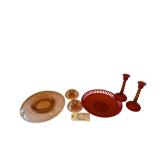 PINK DEPRESSION CONSOLE BOWL W/ 2 CANDLEHOLDERS, SATIN GLASS CONSOLE BOWL W/ 2 CANDLEHOLDERS