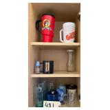 ASSORTED COFFEE MUGS AND DRINKING GLASSES, 26 PIECES OF EVERYDAY STONEWARE CHINA AS IS, FIRE KING 2 QUART GRADUATED MIXING BOWL, COFFEE POT, LITTLE DIPPER ONE AND A HALF QUART AND OTHER PLASTICWARE