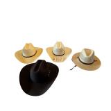 4 WESTERN STYLE COWBOY HATS: TURNER 7-1/8, TURNER BANGORA 7-3/8, STETSON WOOL 7-1/8, OTHER STETSON STRAW TYPE APPROX. 7-3/8