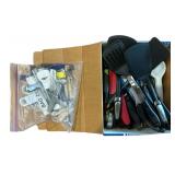 KITCHEN UTENSILS: BAG CLIPS, SPATULAS, SCOOPS, KITCHEN KNIFE, ETC.
