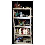 PLASTIC 5 SHELF UNIT WITH CONTENTS: 2 SPIGOT COVERS, HUMMINGBIRD FEEDER, SHOP TOWELS, CAR WASH TOWELS, TN LICENSE PLATE, SEVERAL JUGS OF PEST CONTROL PRODUCTS, WASP AND HORNET SPRAY, PARTIAL BOX OF TR