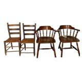 2 VINTAGE WOODEN CAPTAIN’S CHAIRS, 2 VINTAGE LADDER BACK CHAIRS W/ WOVEN BOTTOMS