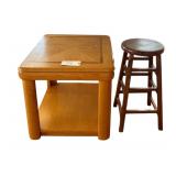 WOODEN BARSTOOL APPROX. 30” TALL, WOODEN END TABLE APPROX. 27” WIDE X 23” DEEP X 22” TALL