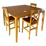 WOODEN HIGH TOP DINING TABLE APPROX. 53.5” LENGTH X 54” WIDTH X 36” TALL W/ 3 CHAIRS - SOME SCRATCHING ON SURFACE