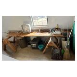 2 WOODEN SAWHORSES, 2” X 12” WOODEN PLANK APPROX. 12’ LONG, 2” X 10” WOODEN PLANK APPROX. 13’ LONG, VINTAGE PANASONIC FAX MACHINE, SENTRY FIRE SAFE AS-FOUND, GALVANIZED STEEL WIRE, GLASS V