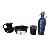 RUBY PITCHER, KILN CRAFT ENGLAND CASSEROLE DISH, SMALL LIDDED CANISTER, BORMIOLLI ROCCO ITALY BOTTLE W/ LID