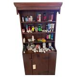 DARK WOOD STAIN 3-TIER CUPBOARD W/ BOTTOM STORAGE APPROX. 66” TALL 31.5” WIDE X 14” AT DEEPEST