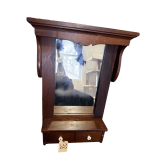 VINTAGE WOODEN 1-DRAWER SHAVING MIRROR APPROX. 29.75” TALL X 21” WIDE