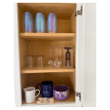 5 STEMMED CLEAR GLASS WINE GLASSES, 3 IRIDESCENT HOBNAIL TEXTURED GLASS TUMBLERS, WINE BOTTLE OPENER, HANDLED SOUP BOWL, CREAM PITCHER, COFFEE MUG, 2 WHISKEY DRINKING GLASSES