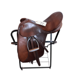 LEATHER ENGLISH STYLE SADDLE W/ STIRRUPS AND METAL SADDLE STAND