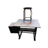 BLACK METAL CRAFT/ART DESK WITH SIDE DRAWER UNIT AND MATCHING STOOL - APPROX. 35.75” WIDE X 23.75” DEEP X 30.5” TALL