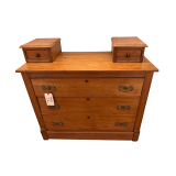 WOODEN 3-DRAWER CHEST W/ BRASS PULLS - EASTLAKE/VICTORIAN STYLE APPROX. 38.5” WIDE X 30” TALL X 17.5” DEEP - 2 GLOVE BOXES (UNATTACHED)