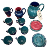 DENBY ENGLAND HARLEQUIN PATTERN: LARGE PITCHER, SMALL PITCHER, COFFEE MUG, 6 COFFEE CUPS, 3 RED AND GREEN SAUCERS, 2 GREEN AND BLUE SAUCERS