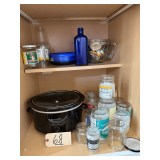 CROCK-POT BRAND SLOW COOKER, 2 QUART MEASURING CUP/BOWL, COBALT BLUE BOTTLE, ASSORTED JARS AND LIDS