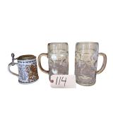 RÖSLER BAVARIA BEER STEIN, 2 CLEAR HANDLED BEER GLASSES