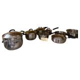 LARGE STEAMER, 9 COOKING POTS W/ LIDS TO INCLUDE SOME BELLA CUISINE BY MEYER, 2 SKILLETS, TRAMONTINA COOKING POT W/ LID, 2 STAINLESS STEEL MIXING BOWLS