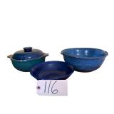 DENBY ENGLAND CLASSICS CASSEROLE DISHES W/ LID, ARTIST SIGNED BUTTERFLY PATTERN POTTERY MIXING BOWL, BLUE ARTIST SIGNED POTTERY SHALLOW SERVING BOWL