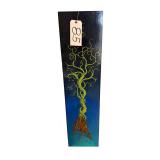 ORIGINAL TREE PAINTING ON LIVE-EDGE WOOD PANEL, DATED 2014. TALL NARROW PIECE FEATURING A TWISTING YELLOW-GREEN TREE WITH EXPOSED ROOTS ON A BLUE GRADIENT BACKGROUND APPROX. 34.75” X 9”