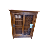 WOODEN CABINET W/ ASIAN-INSPIRED DESIGN - TWO SLIDING DOORS AND SLATTED PANELS - APPROX. 33” TALL X 26” WIDE X 11” DEEP