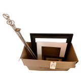 4 PICTURE FRAMES, MAT, AND CURTAIN RODS