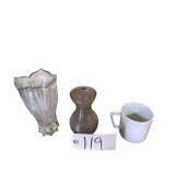 CROWN DEVON MADE IN ENGLAND FROG COFFEE MUG, FROSTED BULB-STYLE CRYSTAL VASE, OTHER SMALL BULBOUS GLASS VASE