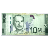 COSTA RICA 10,000 COLONES BANKNOTE, SERIES A, SERIAL A095844319, DATED SEPTEMBER 10, 2014, BANCO CENTRAL DE COSTA RICA. COLORFUL MODERN ISSUE FEATURING RAINFOREST WILDLIFE INCLUDING A SLOTH ON THE REV