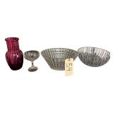 MARQUIS BY WATERFORD CRYSTAL ROUND PATTERN BOWL, OVULAR LEADED CRYSTAL PATTERN BOWL, LEADED CRYSTAL STEM GLASS, CRANBERRY COLOR GLASS VASE
