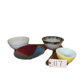 SORRENTO SIGNATURES SERVING BOWL, DRIP EDGE HANDMADE POTTERY BOWL SIGNED “HOFFMAN”, OTHER ARTIST SIGNED POTTERY BOWL, SMALL YELLOW PYREX MIXING BOWL