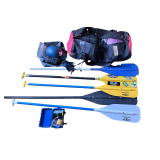 5 KAYAK PADDLES (1 AS-FOUND) TO INCLUDE 3 CARLISLE, ASSORTED LIFE VESTS, KAYAK HELMET, AND GLOVES