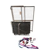 2 DOG CRATES, ANIMAL GATE, 3 LEASHES, 4 COLLARS, 2 MUZZLES