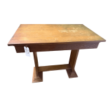 ANTIQUE OAK 1-DRAWER TABLE W/ BRASS PULL - APPROX. 33.25” TALL X 41.5” LONG X 25.5” DEEP