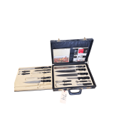 VINTAGE GIESSER MESSER GERMAN KNIFE SET IN ORIGINAL LEATHER CASE. INCLUDES MULTIPLE KITCHEN KNIVES, CARVING FORK, SHARPENING STEEL, AND ACCESSORIES. MADE IN GERMANY QUALITY BLADES WITH RIVETED HANDLES