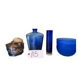 4 COBALT BLUE FROSTED BOWLS, 2 BLUE COBALT BLUE VASES, COBALT BLUE DISH