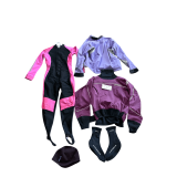 DIVE SKIN SIZE LARGE WET SUIT, NEOPRENE SOCKS, NRS BRAND SIZE LARGE SPLASH JACKET IN GOOD CONDITION, IMMERSION RESEARCH DRY TOP W/ NEOPRENE GASKETS (GASKETS IN GOOD CONDITION), HYDRO SKIN TITANIUM WAT