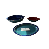 DENBY ENGLAND CLASSIC PATTERN: SERVING PLATTER, 2 CASSEROLE DISHES (LARGER HAS FLEA BITE CHIP)