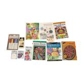 6 COLORING BOOKS: MANDALA, FLORAL, MEDITATION, MEHNDI, AND ART NOUVEAU; MARKER/PEN SETS; AND DECORATIVE IRON-ON OR APPLIQUE PATCHES