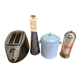 CROFTON COMPOSTING BUCKET, BLUE DECORATIVE VASE, COCA-COLA GLASS STRAW CONTAINER, GENERAL ELECTRIC TOASTER