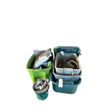 STORAGE TOTES, ORGANIC PLANTING SOIL, PLASTIC WATERING CAN, 2 WIRE TRELLISES, TOMATO CAGE, ROUND-UP SPRAYER, GREENWOOD 2-GALLON SPRAYER