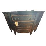VINTAGE SERVER/CABINET THAT APPEARS TO BE COVERED IN FAUX LEATHER WITH GOLD-PAINTED TRIM