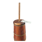 SMALL ANTIQUE/VINTAGE CEDAR CHURN WITH BRASS TRIM, IN GOOD CONDITION